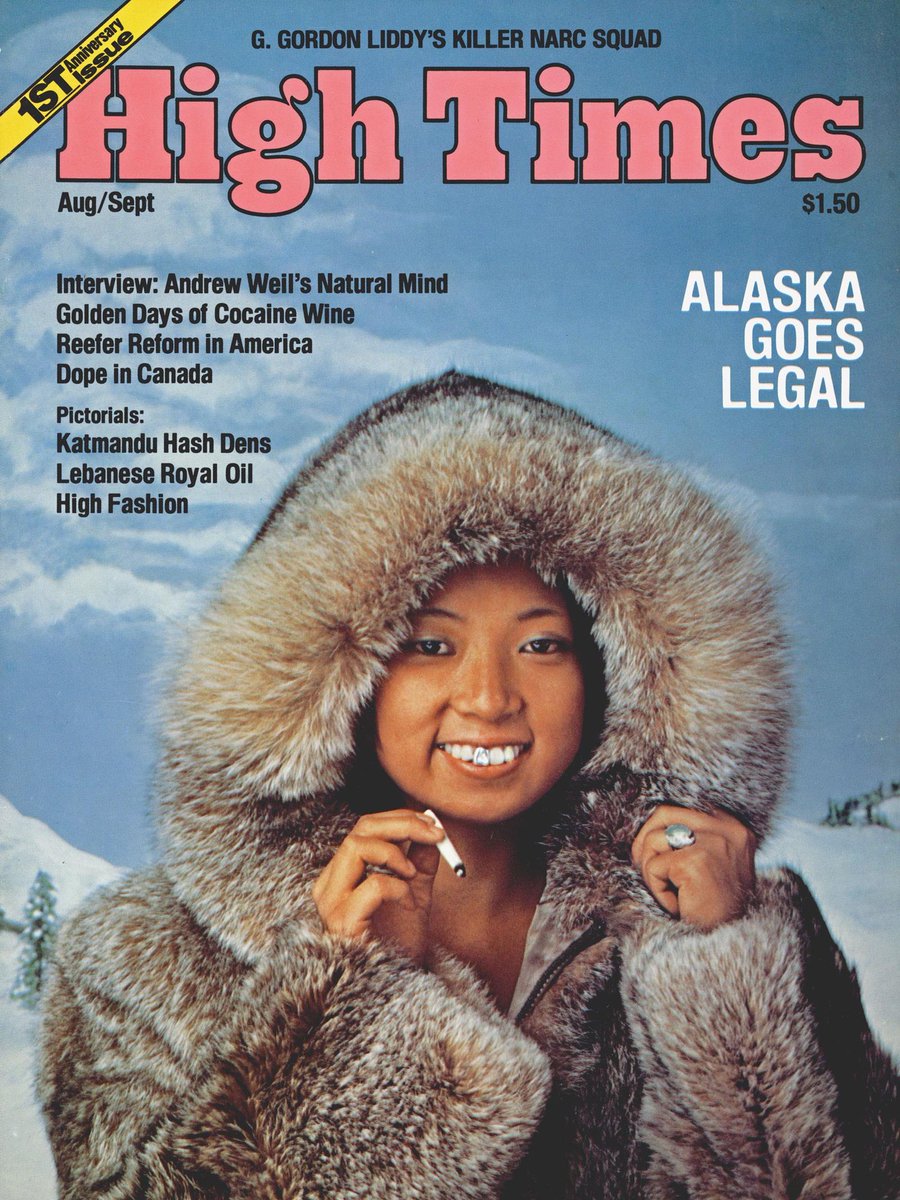 ANC_Historian's tweet image. Aug/Sept 1975 High Times cover celebrating Alaska. In May 1975, AK legislature decriminalized possession, &amp;amp; AK Supreme Court ruled Alaskans had right to possess small amount of marijuana at home for personal use (Ravin v State).  #alaskahistory #alaska