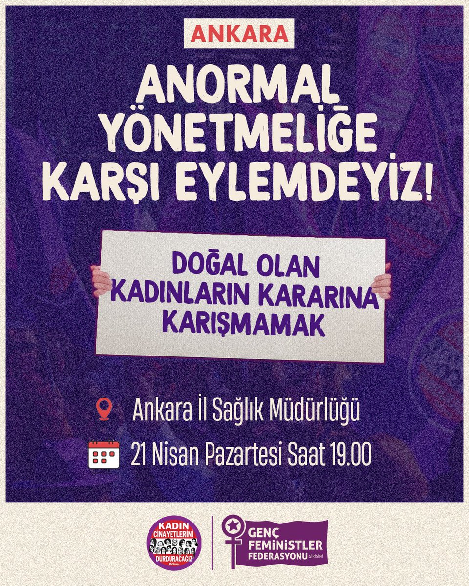 📣Ankara

Kendi bedenlerimize dair aldığımız kararlara karışacaklarmış! 

Anormal yönetmeliğe karşı  eylemdeyiz. Tüm kadınları bekleriz.

📅21 Nisan Pazartesi, 19.00
📍Ankara İl Sağlık Müdürlüğü
( Ayvalı, Halil Sezai Erkut Cd. No:5, Keçiören)