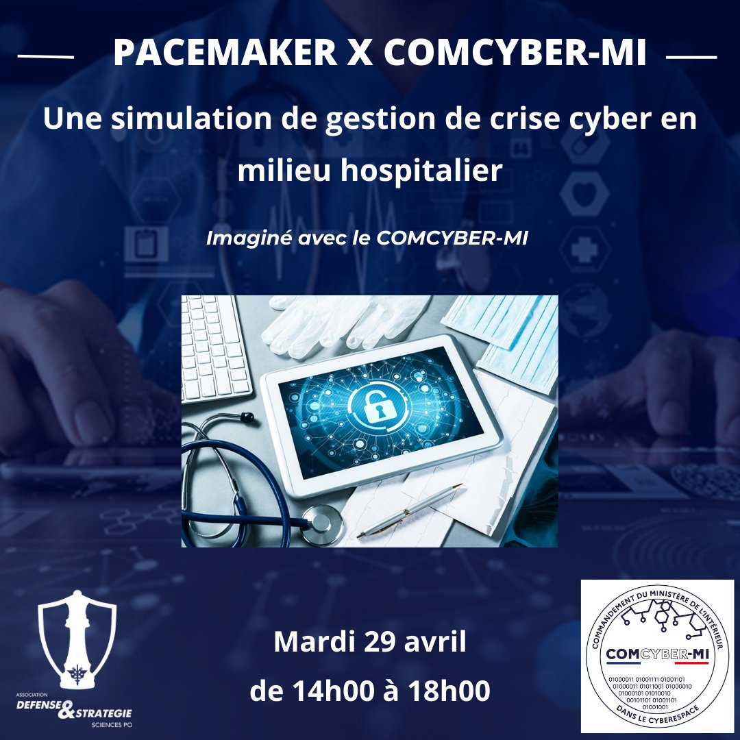 spdsparis's tweet photo. // Pacemaker – une simulation de gestion de crise cyber en milieu hospitalier //

Venez vivre une expérience hors du commun, aux côtés d’experts de la cybersécurité.

📅 29/04
📍 Lieu : à Sciences Po
⚠️ Toute inscription vaut engagement à participer
👉🏻 https://t.co/3KNd2nfogU https://t.co/ats4jMcKmA