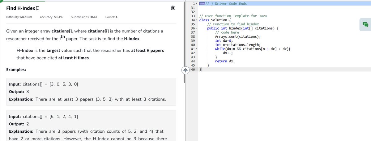 PeramBrahma13's tweet photo. 📅 Day 22 of @geeksforgeeks 160
⚡ Find H-Index
✔️ Sort citations and find max i such that citations[n - i] >= i
⏳ TC: O(N log N) | 🛑 SC: O(1)
#gfg160 #geekstreak2025 #DSA #HIndex #codingchallenge #researchmetrics https://t.co/fmtfkP6U7f