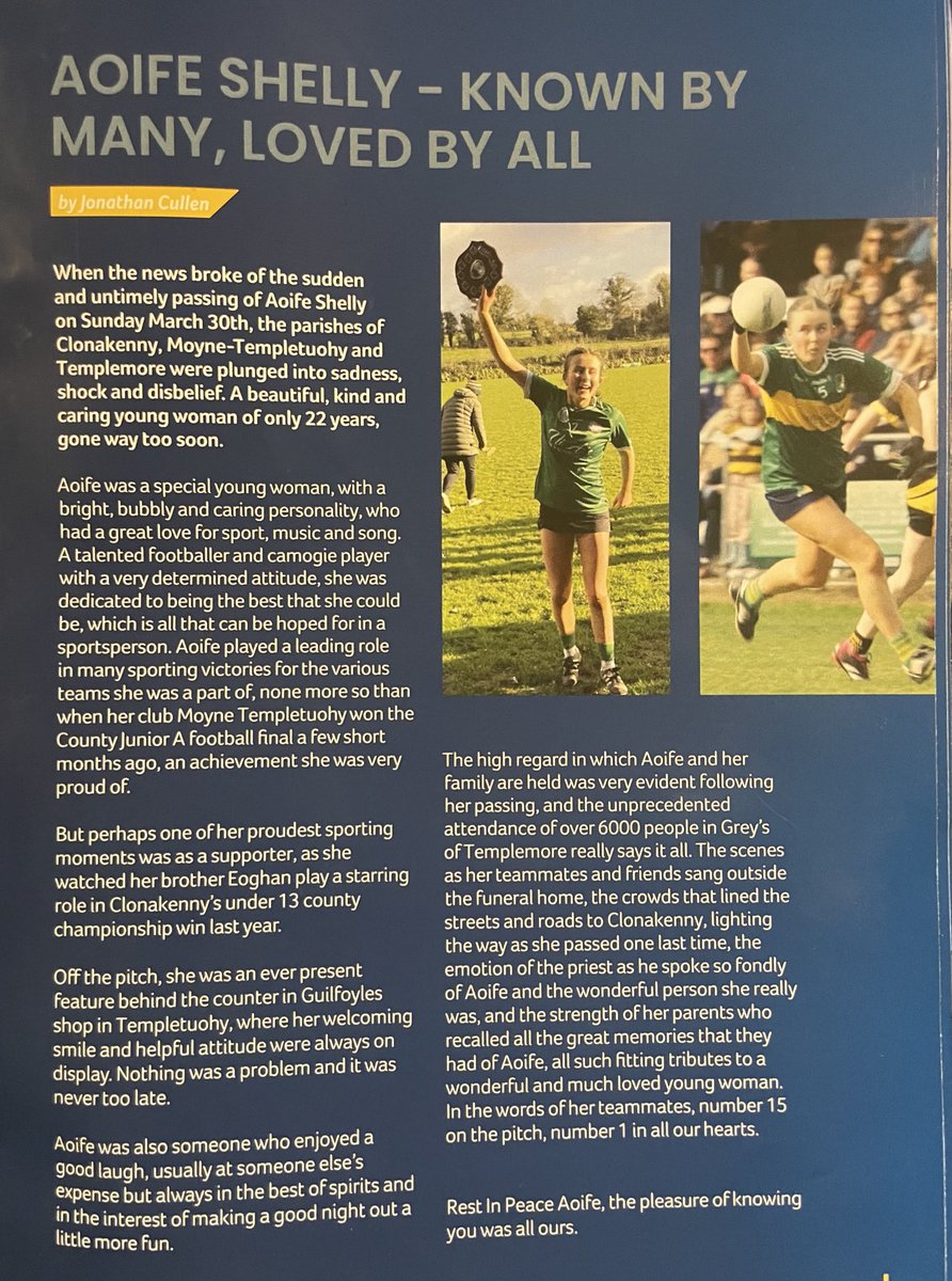 Gar (@gar2he) on Twitter photo Lovely touch by <a href="/TipperaryGAA/">Tipperary GAA</a> today remembering Aoife Shelly in the match programme.
“Known by many, loved by all” Lovely touch by <a href="/TipperaryGAA/">Tipperary GAA</a> today remembering Aoife Shelly in the match programme.
“Known by many, loved by all”