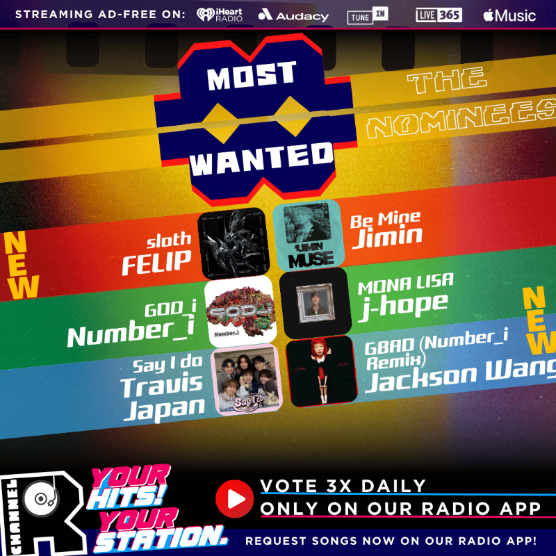 channelrradio's tweet photo. 🏆Who will be crowned #ChannelRMostWanted this week? Vote for your favorite song &amp; hear the winner 3x daily! 

🌟Nominees
Number_i - GOD_i👑
FELIP - sloth🆕
Jimin - Be Mine
j-hope - MONA LISA
Travis Japan - Say I do
Jackson Wang - GBAD (Number_i Remix)🆕

🗳️Vote👇ONLY on our app.