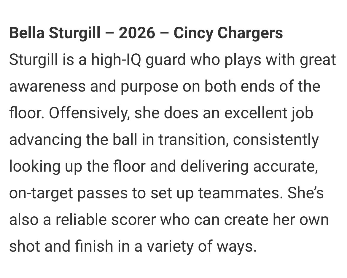 Bella Sturgill (@bellasturgill_) on Twitter photo Thank you <a href="/JrAllStarIN/">Indiana Jr. All-Star GBB</a> for the write up! Back at it this weekend at The Clash! <a href="/ChargersMahoney/">Chargers 2026 MAHONEY</a> Thank you <a href="/JrAllStarIN/">Indiana Jr. All-Star GBB</a> for the write up! Back at it this weekend at The Clash! <a href="/ChargersMahoney/">Chargers 2026 MAHONEY</a>