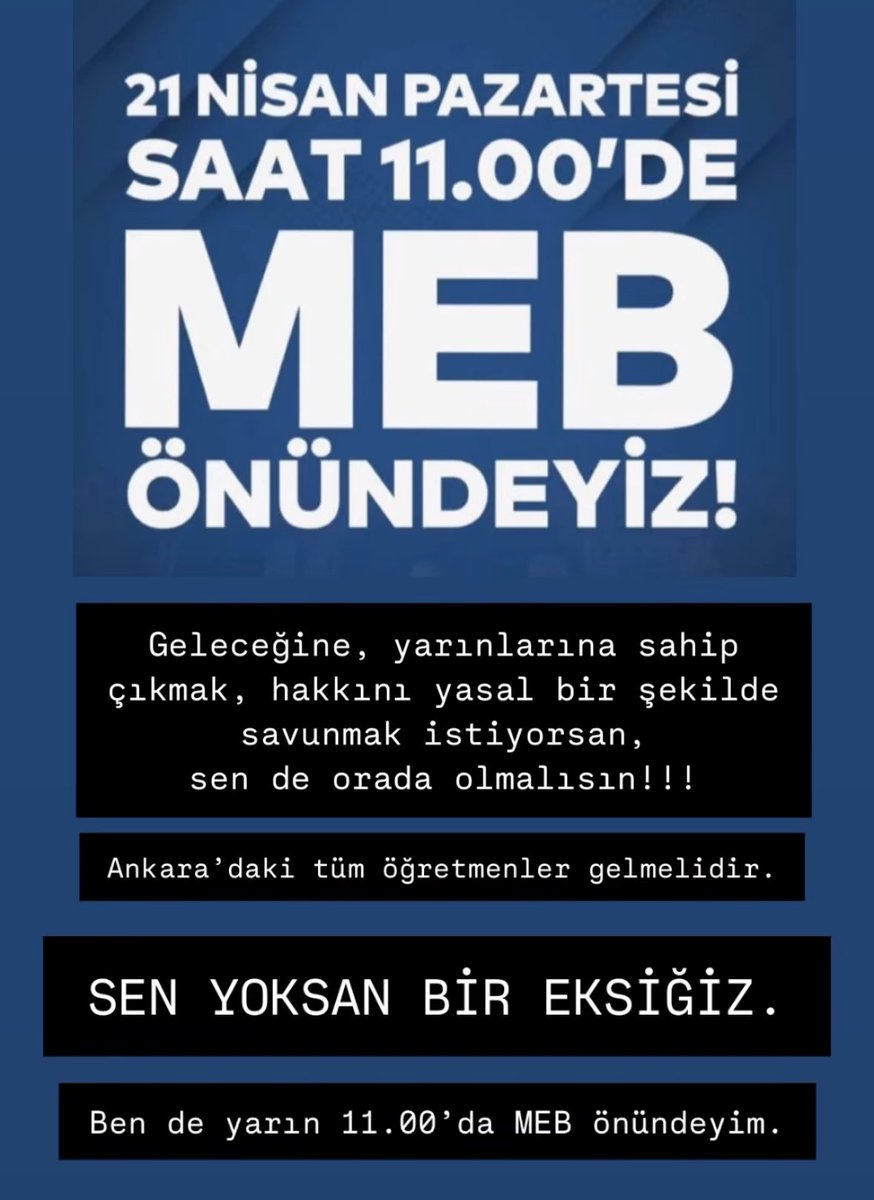 SEN YOKSAN BİR EKSİĞİZ. BEN DE YARIN 11.00’DA ANKARA’DA MEB ÖNÜNDE OLACAĞIM.

 #Kpss2024AtamasındaKıyımVar