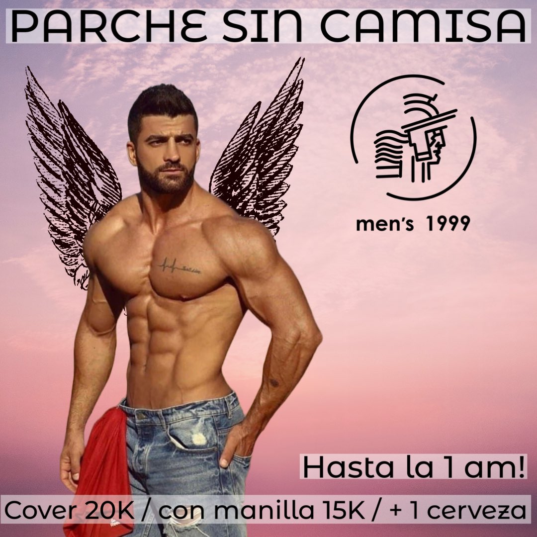 HOY❗️Domingo
Parche Sin Camisa hasta las 1:00 am en men’s 1999, para morbosear entre esos pechos masculinos 😈 … sean velludos, lampiños, marcados o normalitos, para sentir el libido en compañía de unas polas frías 🍻, un ambiente musical 🎶 único, en un lugar seguro 🔐para ti.