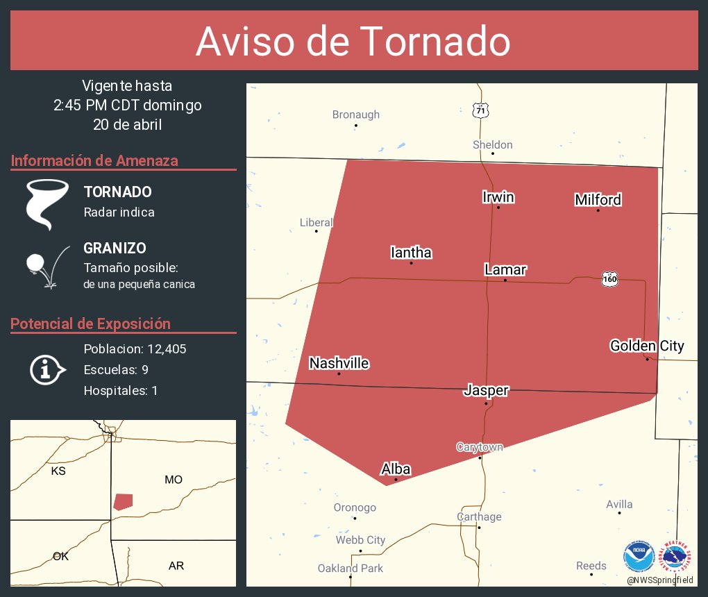 Aviso de Tornado incluye Lamar MO, Jasper MO, Golden City MO hasta las 2:45 PM CDT