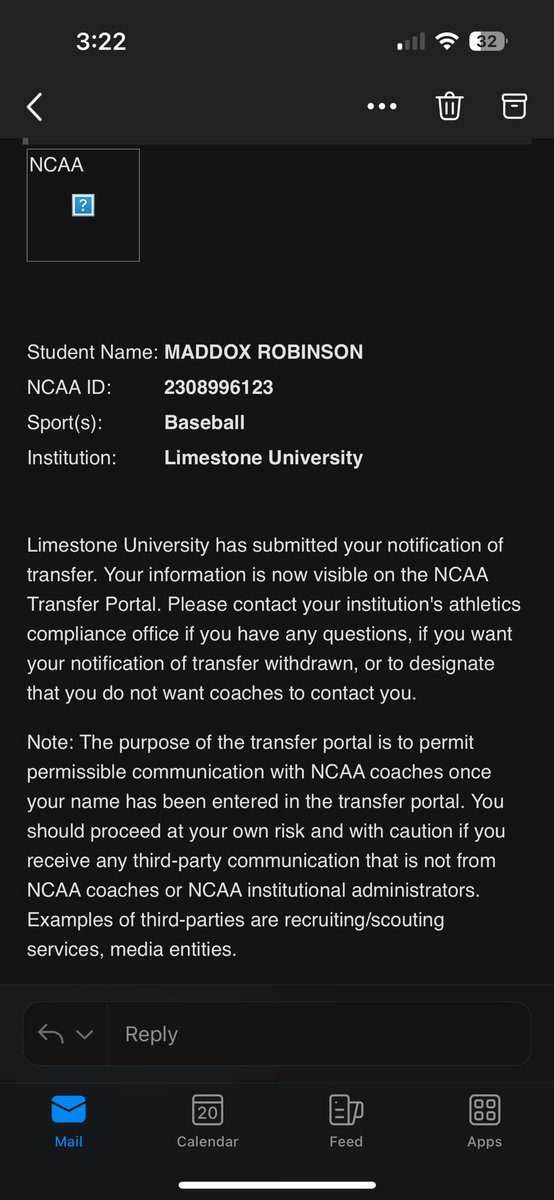Maddox Robinson (@m_robinson08) on Twitter photo I am officially in the Transfer Portal
- Freshman
- 3 years of eligibility left
- 3.4 GPA
- 97 EV (Trackman in game)
- 88 OF Velo
- 6.9 60
- Appeared in 4 games so far this season
- 4 AB 3H 2 2B 2 RBI
<a href="/Harker31/">Brett Harker</a> <a href="/_MattPadgett/">Matt Padgett</a> I am officially in the Transfer Portal
- Freshman
- 3 years of eligibility left
- 3.4 GPA
- 97 EV (Trackman in game)
- 88 OF Velo
- 6.9 60
- Appeared in 4 games so far this season
- 4 AB 3H 2 2B 2 RBI
<a href="/Harker31/">Brett Harker</a> <a href="/_MattPadgett/">Matt Padgett</a>