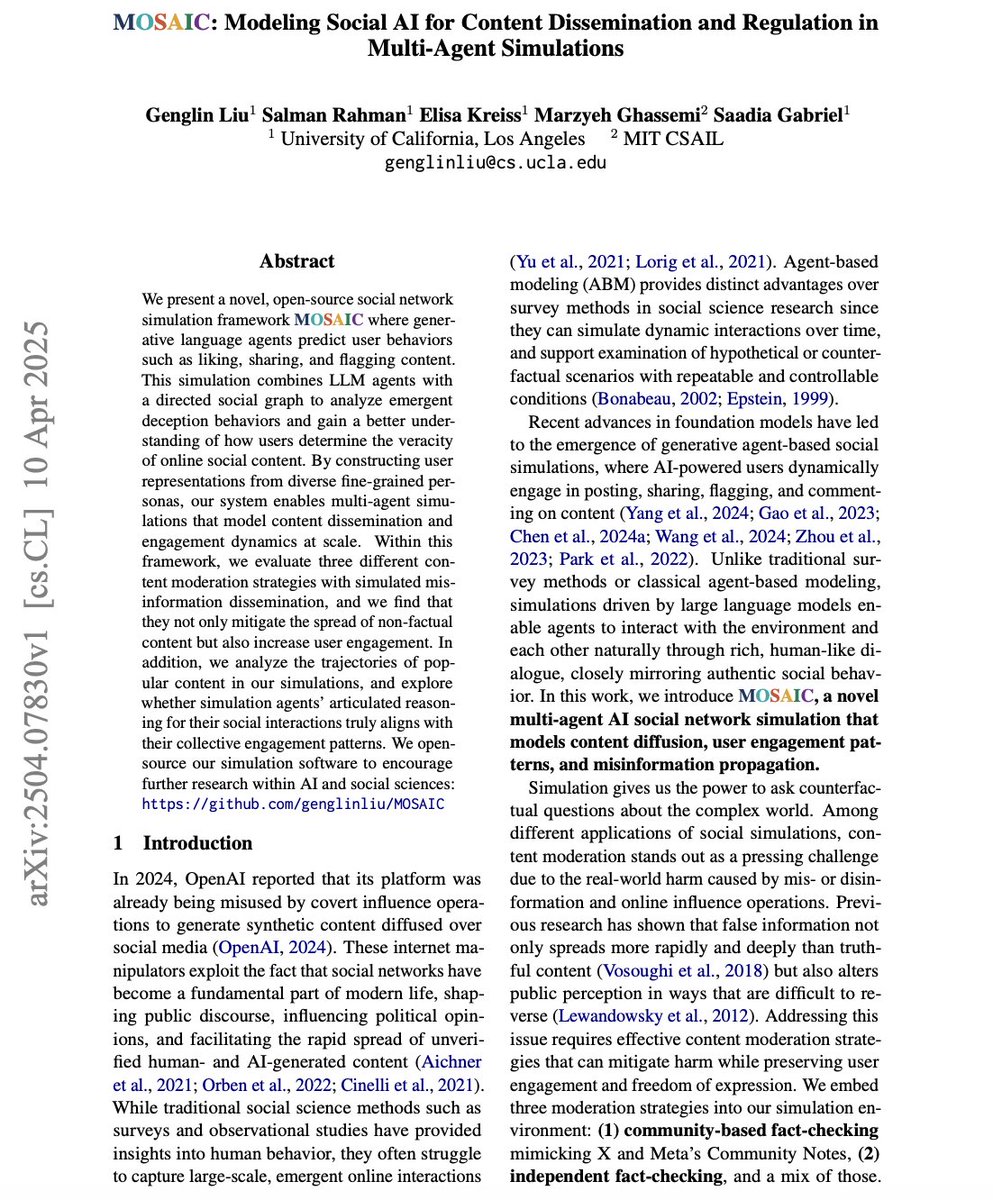 genglin_liu's tweet image. Excited to share my first project at UCLA!
We built MOSAIC — a social network simulator where LLM-powered agents behave like real users on social media.
They post, share, flag, and debate the factuality of news content — all at scale. It’s open-source. 🧵
TL;DR
🌐 Realistic…
