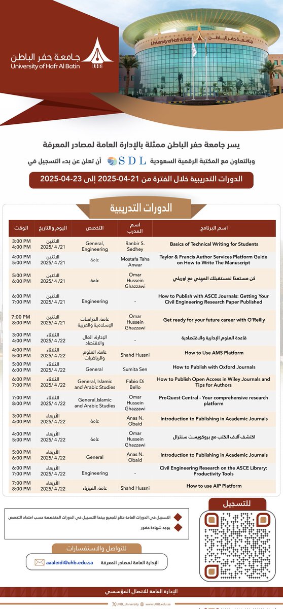 UHB_University's tweet photo. يسر #جامعة_حفر_الباطن ممثلة بالإدارة العامة لمصادر المعرفة، بالتعاون مع المكتبة الرقمية السعودية الإعلان عن بدء التسجيل في الدورات التدريبية خلال الفترة:
من 21-04-2025 إلى 23-04-2025.
🔗 عبر الرابط التالي:
https://t.co/3VcZzRZEwR https://t.co/xi9FIdettm