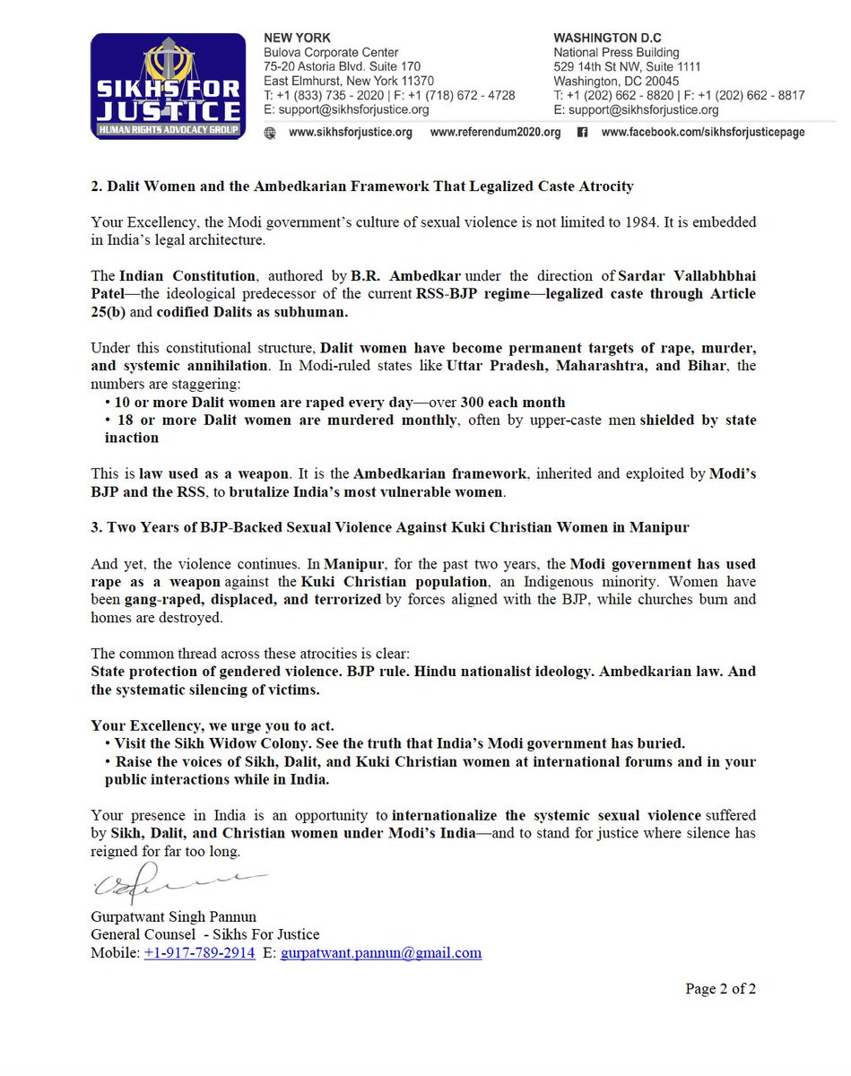 SFJ LETTER TO SECOND LADY USHA VANCE:

Her Excellency Mrs. Usha Vance
Second Lady of the United States
The White House
1600 Pennsylvania Avenue NW
Washington, D.C. 20500

Re: Your April Visit to India

Sub: Visit the Sikh Widow Colony in Delhi – Stand with Victims of Genocidal