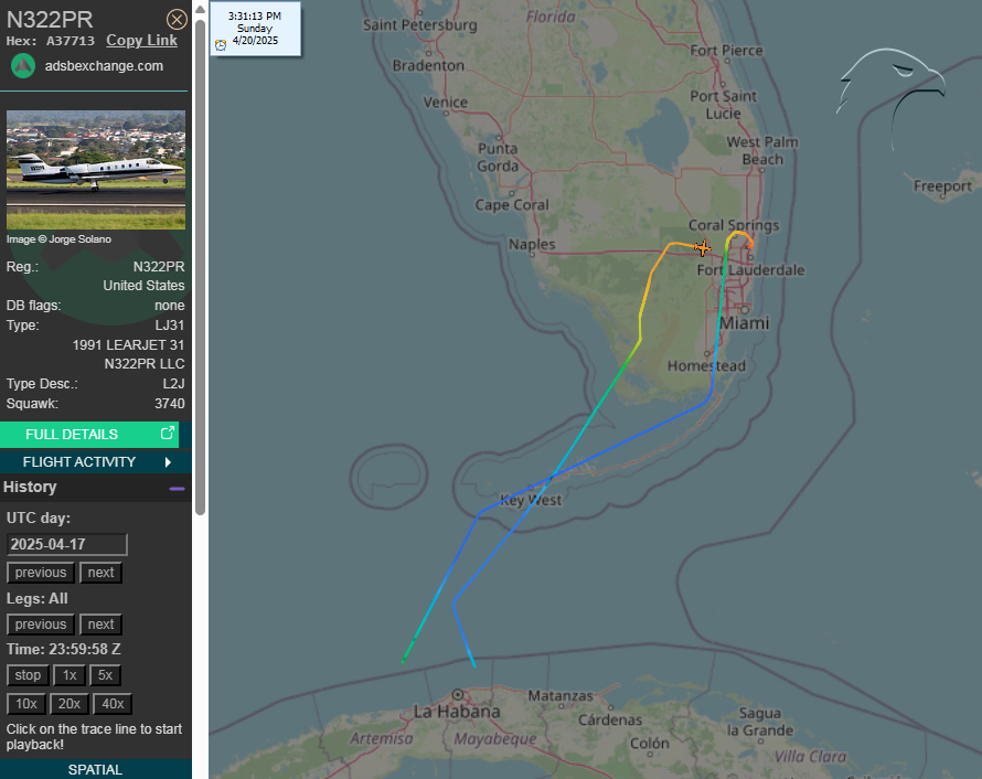 FlconEYES's tweet image. N322PR | A37713 | Private Learjet 31A
Servicio #MEDEVAC 
#FortLauderdale-#Habana y retorno 
 t.ly/ZYnNJ
#Now #ADSB #cuavion #Cuba #20Abril