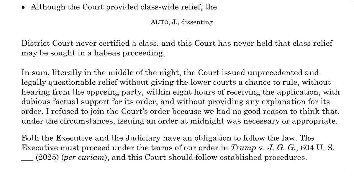 Justice Alito’s dissent is wild.

Essentially, Alito calls out the other Justices for political weaponization, procedural misconduct, and abusing their positions to obstruct the Trump administration.

We have a rogue judiciary obstructing the will of The People.