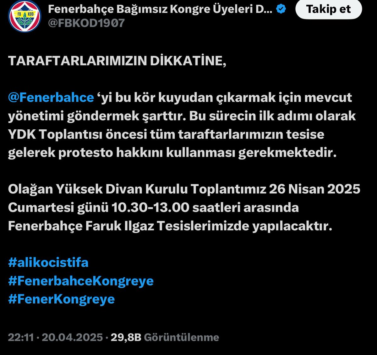 BÜTÜN TARAFTARLARIN DİKKATİNE.

26 NİSAN GÜNÜ HAZIR OLUN.