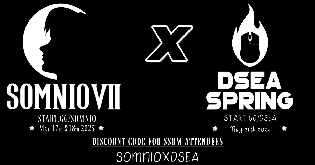 For the SSBM competitors 🌖

If you sign up to BOTH Somnio and DSEA you get a €2,50 discount for each venue fee with the code: "somnioxdsea" during registration.

This is specifically for those who attend BOTH tournaments, do not use this code if not applicable.

More info ⬇️