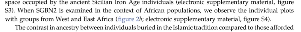 دراسة (2024) على رفات في مقبرة اسلامية في صقلية تعود للقرن الثاني عشر تكشف عن رفات على السلالة الأمازيغية E-M81 والسلالة الميتوكوندرية/الأنثوية الجنوب الصحراوية L. 
الرفات لمسلم باوتوسومال جنوب صحراوي غرب افريقي: