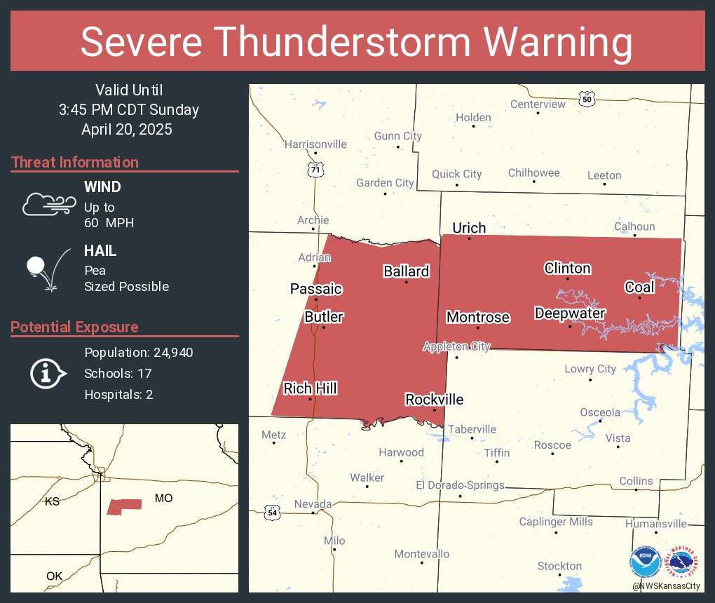 Severe Thunderstorm Warning including Clinton MO, Butler MO and  Rich Hill MO until 3:45 PM CDT
