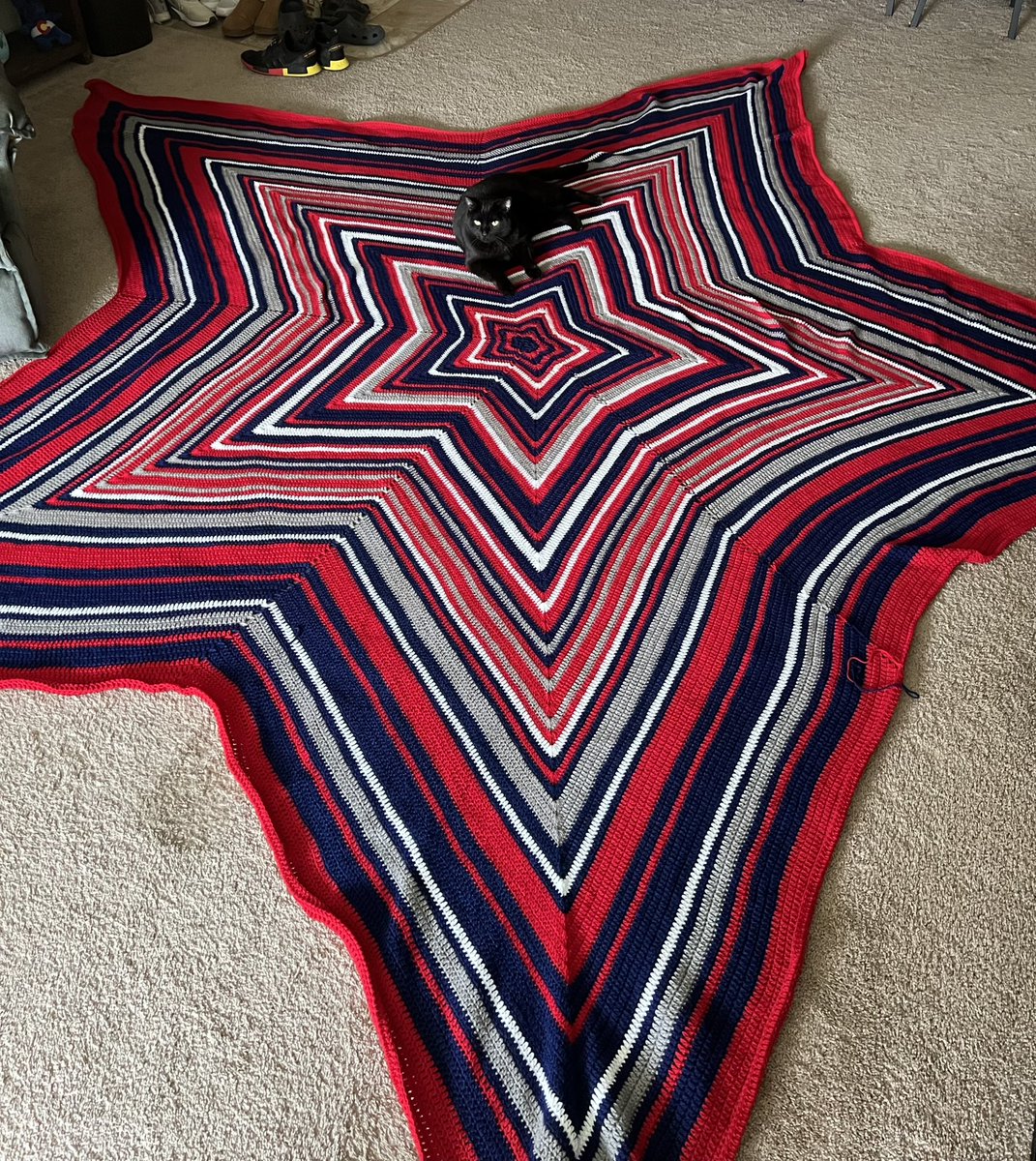How it started ➡️ how it ended. Here is the finished product of this seasons <a href="/BlueJacketsNHL/">Columbus Blue Jackets</a> blanket. What an amazing season, already can’t wait for next season to start. Go Jackets 💙 (cat included for size comparison 🤣) #cbj
