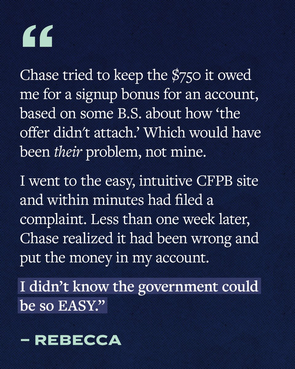 Angela, Patricia, &amp; Rebecca are three of the millions of Americans who’ve gotten relief from the CFPB, which has returned ~$20 billion to consumers.

But Trump &amp; Musk are trying to make it impossible for the CFPB to put money back in people’s pockets. I won’t stop fighting back.