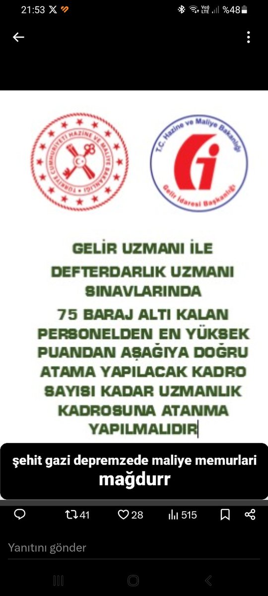 Hicbir kurumda 75 barajli sinav olmadi sehit gazi depremzede maliye memurlarinimi buldunuz biz bu vatana bir can verdik YETER ARTIKKK sesimizi duyun #maliyememuruzmanlik <a href="/ahmetkilic16/">Ahmet KILIÇ</a> <a href="/ilhan_hatipoglu/">Dr. İ. İlhan Hatipoglu</a> <a href="/RTEdijital/">Erdoğan Dijital Medya</a> <a href="/RTErdogan/">Recep Tayyip Erdoğan</a> <a href="/can_tuna34/">CAN TUNA TELCİ</a> <a href="/habercilerbir/">HABERCİLER BİRLİĞİ</a> <a href="/ByMustafaGuven/">Mustafa GÜVEN</a> <a href="/_aliyalcin_/">Ali YALÇIN</a>