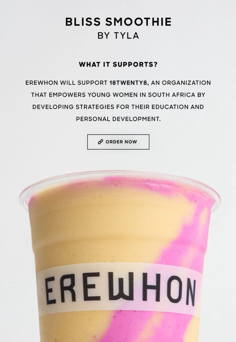 TygersAccess's tweet photo. Tyla’s new "Bliss" Erewhon smoothie supports a South African organization, 18TWENTY18, to help girls with education and personal development!! https://t.co/7rhQMEYT97