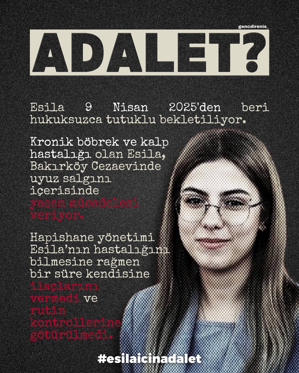 rojhattunc11___'s tweet photo. kronik kalp ve böbrek rahatsızlığı olan esila ayık’ın hapishanede geçirdiği her bir gün sağlığı için risk arz ediyor.

zorbalık eleştirisi yaptı, şimdi zorbalığa maruz kalıyor. derhal bu zalimce tavırdan vazgeçin.
#EsilaAyıkSerbestBırakılsın
#EsilaİçinAdalet https://t.co/ZEbwnS66CO