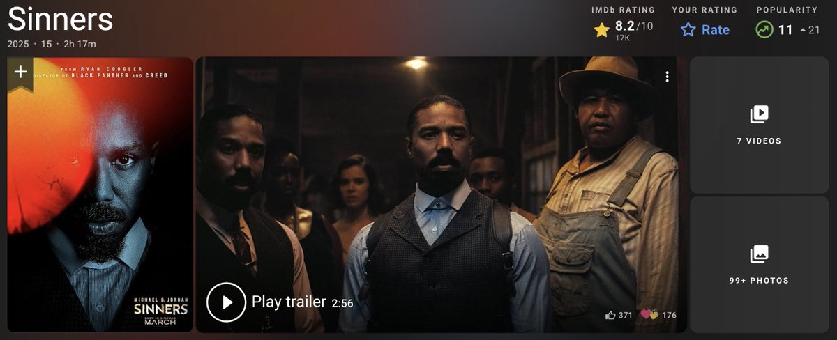 He visto #sinners #lospecadores y no puedo entender ese 8.2 de IMDB ni el 7.2 de Filmaffinity. Está muy lejos de mi valoración personal.