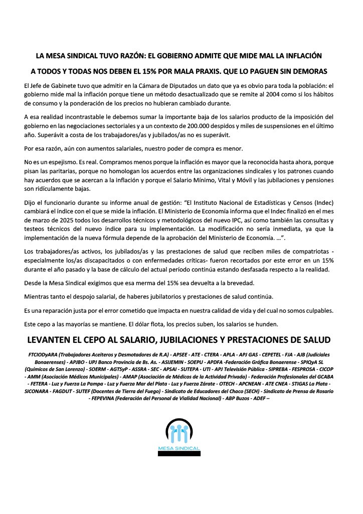 🗣️LA MESA SINDICAL TUVO RAZÓN: EL GOBIERNO ADMITE QUE MIDE MAL LA INFLACIÓN.
📌A TODOS Y TODAS NOS DEBEN EL 15% POR MALA PRAXIS. QUE LO PAGUEN SIN DEMORAS.
📢LEVANTEN EL CEPO AL SALARIO, JUBILACIONES Y PRESTACIONES DE SALUD

📌 Comunicado  aquí 👉🏼 acortar.link/VaAygh