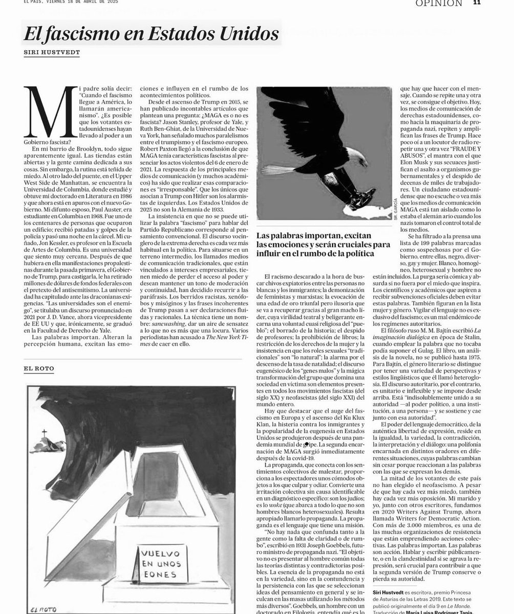 karlaiberia's tweet photo. El discurso autoritario “es unitario e inflexible”, escribe Suri Hustvedt, ex esposa de Paul Auster y fundadora de Writers for Democracy Action. “Está indisolublemente unido a su autoridad -política, una institución, una persona- y se sostiene y cae con esa autoridad”. https://t.co/7cUqzw9t5N