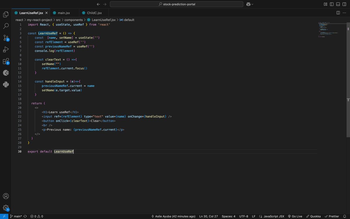 AsileAyuba's tweet image. Today, I explored the useRef Hook in React.
I applied useRef to manage input focus and display the previous value of a text input — super useful for improving form handling and UI interactions.
#ReactJS #useRef #FrontendLearning #BuildInPublic #AsileBuilds #LearningJourney