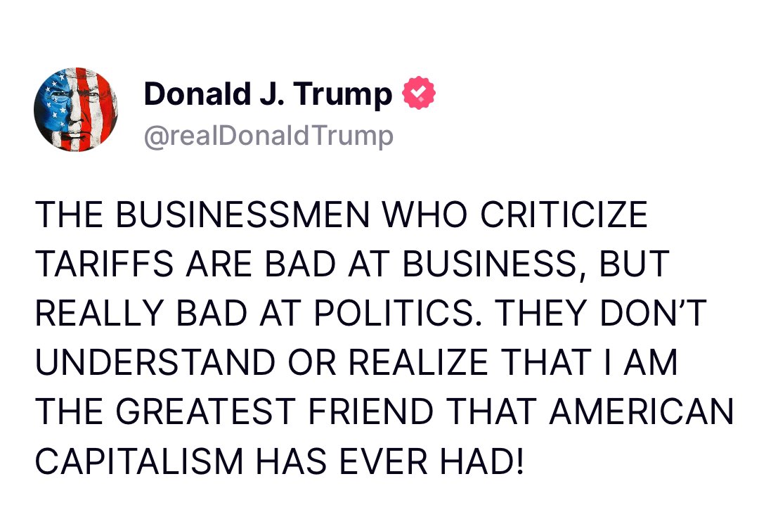 NEW: TRUMP SAYS “THE BUSINESSMEN WHO CRITICIZE TARIFFS ARE BAD AT BUSINESS, BUT REALLY BAD AT POLITICS” logo