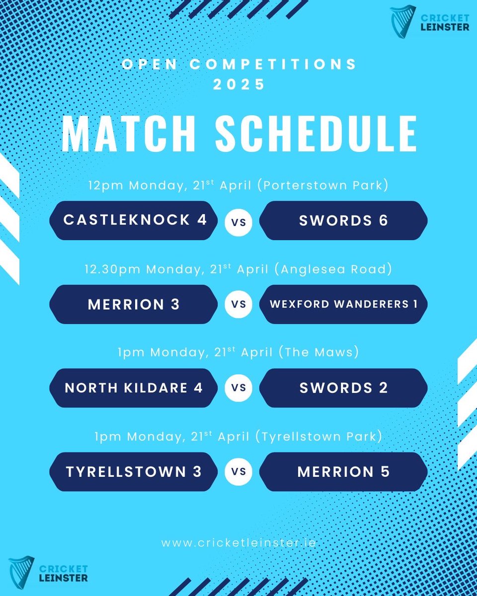 cricketleinster's tweet photo. 🏏MONDAY’S MATCHES🏏

🏆 Salver/Tillain/Whelan/ACC
▶️ Divisions 4,6,9,12,18,20,22

https://t.co/4dQTuHCj72 https://t.co/BQflVP6xdv