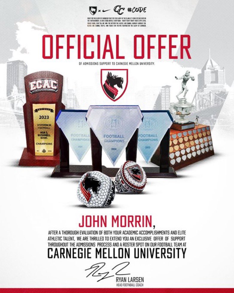 John Morrin (@johnmorrin26) on Twitter photo After a conversation with <a href="/CoachGibboney/">Coach Gibboney</a> I am proud to announce that I have received an offer from <a href="/TartanFB/">Carnegie Mellon Football</a> After a conversation with <a href="/CoachGibboney/">Coach Gibboney</a> I am proud to announce that I have received an offer from <a href="/TartanFB/">Carnegie Mellon Football</a>
