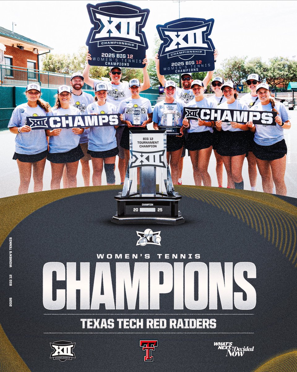 Big12Conference's tweet photo. CHAMPS 🏆

Congratulations to @TexasTechWTEN for claiming the 2025 Big 12 Women's Tennis Championship. https://t.co/ttuUVorGfb