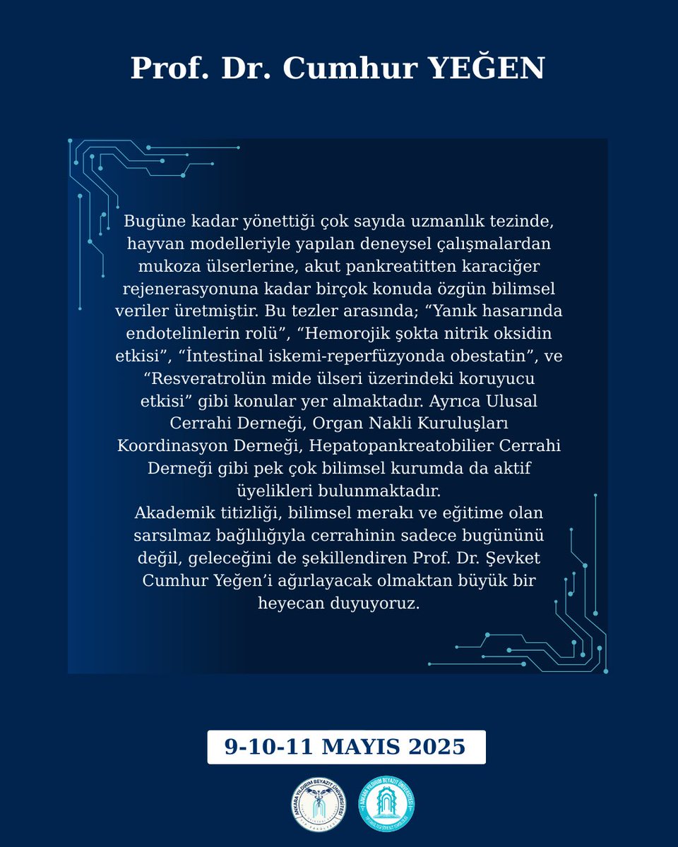 Akademik titizliği, bilimsel merakı ve eğitime olan sarsılmaz bağlılığıyla cerrahinin sadece bugününü değil, geleceğini de şekillendiren Prof. Dr. Şevket Cumhur Yeğen’i ağırlayacak olmaktan büyük bir heyecan duyuyoruz.