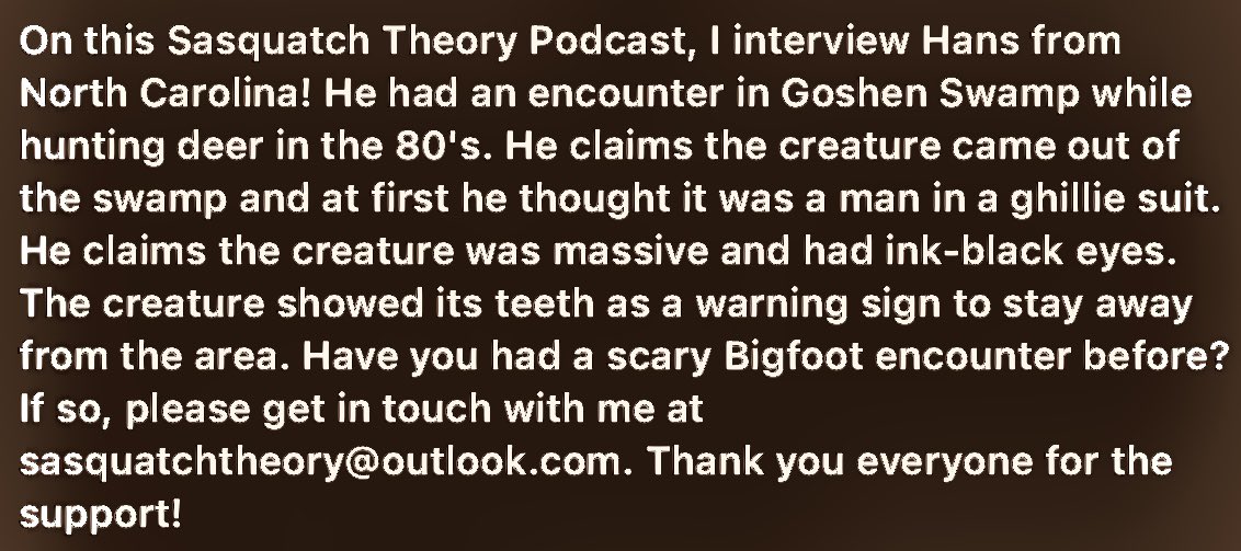 mastermitch's tweet photo. A BIGFOOT ENCOUNTER🦥
GOSHEN SWAMP IN NORTH CAROLINA
#strangecreatures @sasquatchtheory
🌲
#yowie #yeti #sasquatch #NorthCarolina
#lakes🌿#swamps #deepwoods🍃
🇺🇸
https://t.co/EE5YYEnGDA via @YouTube🪵 https://t.co/mMDOEJs6Vi