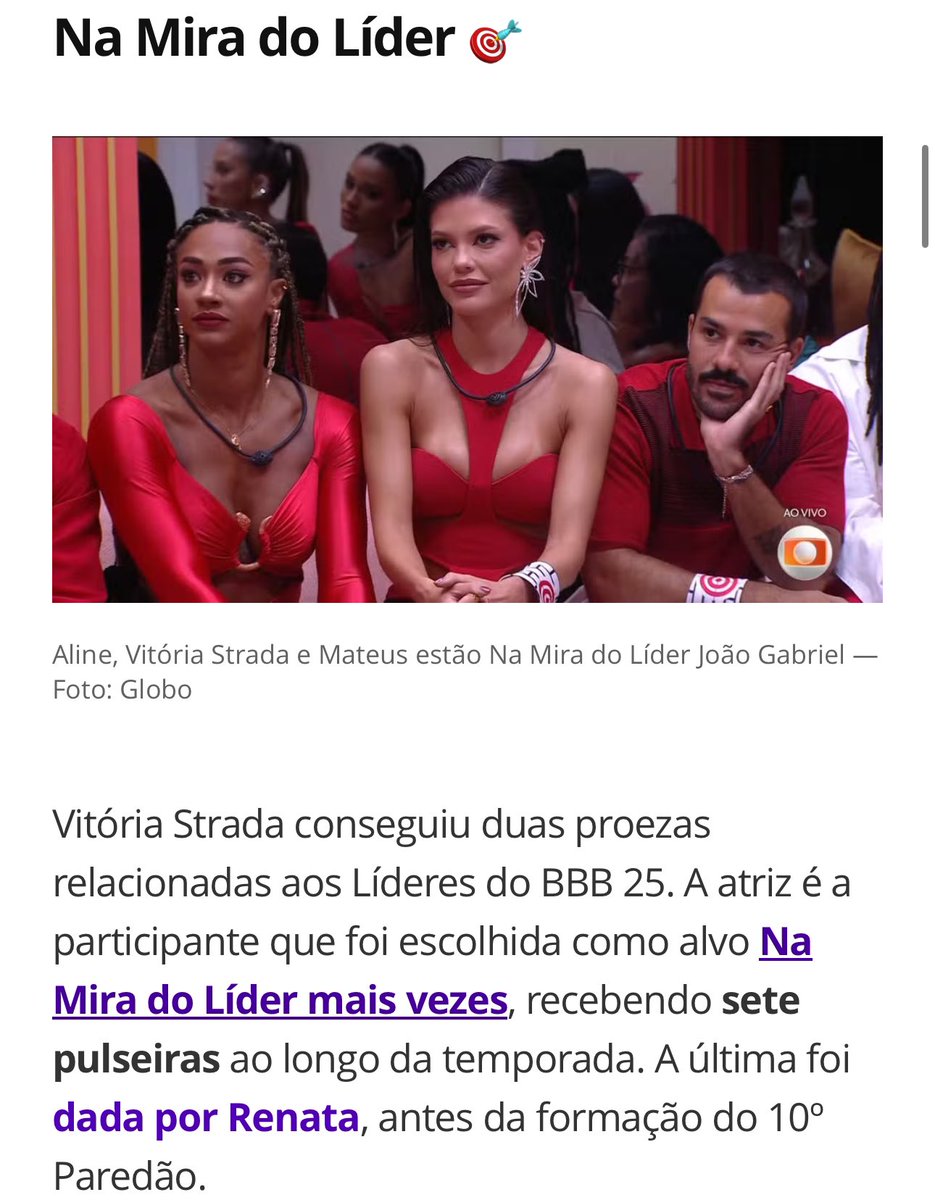 weesxley's tweet image. olha essa matéria que o gshow postou.

Vitoria: participante que mais foi ao paredão, a que mais recebeu mira do líder, a que mais foi indicada pelo líder.

JP: recebeu apenas 1 voto durante toda a edição.

ainda tem gente querendo desmerecer a trajetória dela #FORAJOÃOPEDRO