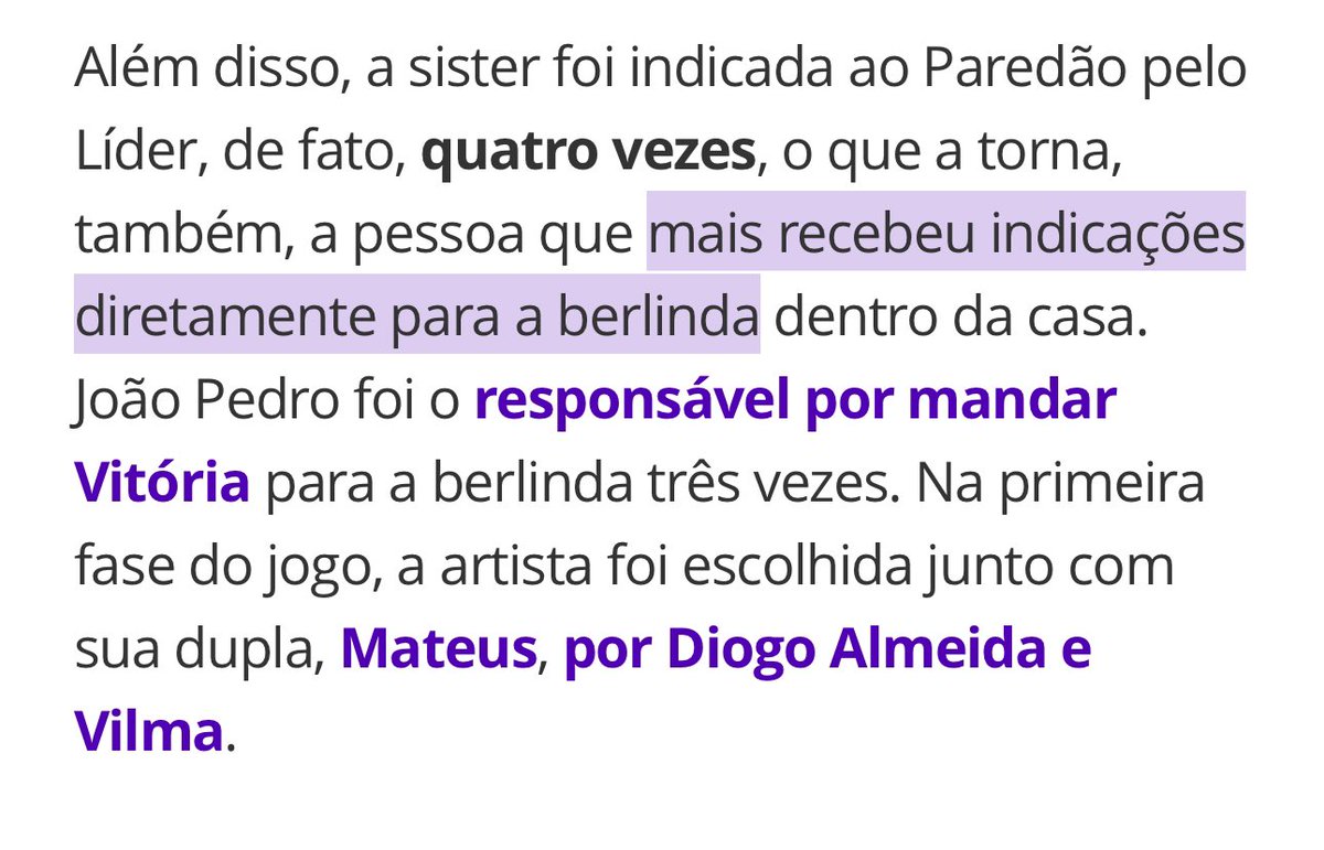 weesxley's tweet image. olha essa matéria que o gshow postou.

Vitoria: participante que mais foi ao paredão, a que mais recebeu mira do líder, a que mais foi indicada pelo líder.

JP: recebeu apenas 1 voto durante toda a edição.

ainda tem gente querendo desmerecer a trajetória dela #FORAJOÃOPEDRO
