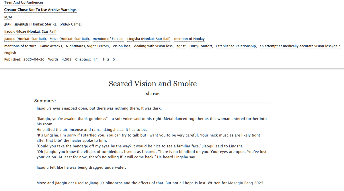 Seared Vision and Smoke🐦‍⬛🌶️
#Mozeqiu | hurt/comfort | dealing with vision loss and gain |
Written for <a href="/mozeqiubang/">Mozeqiu Bang | Posting Complete!</a> ! Been working on this for awhile!
Please go check out <a href="/creslightning/">Crescentlightning</a> and <a href="/fauxpapillon/">fauxmoth | kinda not very active</a> 's art pieces for my fic!  
archiveofourown.org/works/64874794