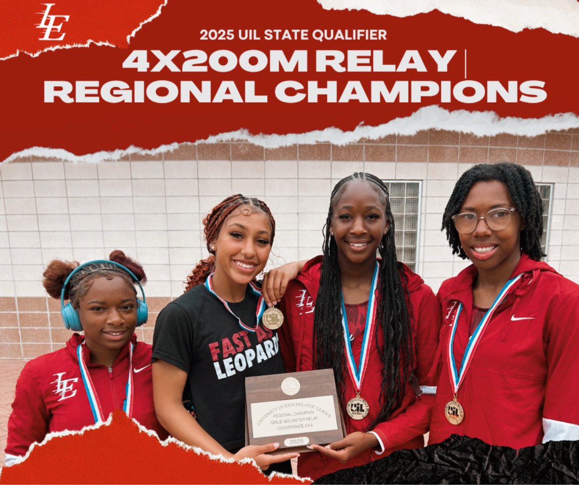 Liberty-Eylau Lady Leopards UIL STATE QUALIFIERS 🏆

Chloe Ward | 1st Place🥇
High Jump | 5-3 | 🎟️

Z’Ryen Banks | 1st Place🥇
Triple Jump | 16-11.75 | 🎟️

Girls 4x100 Relay | 3rd Place🥉
48.58 | 🎟️ (Wild Card)

Girls 4x200 Relay | 1st Place🥇
1:41.81 | 🎟️ 

#FastAsLeopards 🏝️