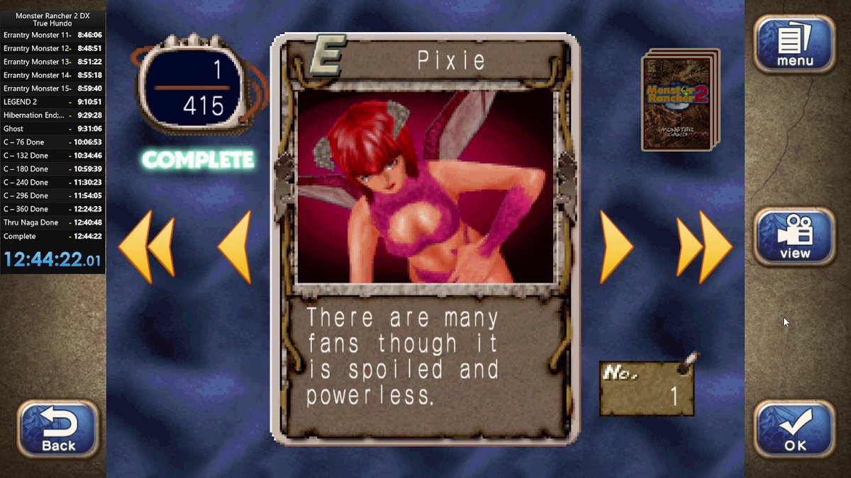 TheWorstRPGDev's tweet image. Not here much but for those interested, I did a Monster Rancher 2 DX True Hundo% speedrun where you get every single monster card in the game. It took me 12:44:22, and so far no one else has run it so it&apos;s WR lol

Part 1: youtube.com/watch?v=YKni4m…

Part 2: youtube.com/watch?v=WE0KlF…