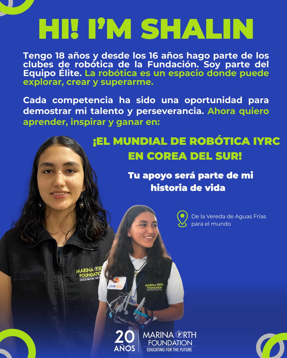 Shalin necesita de ti para cumplir un sueño. 

El Mundial de Robótica es una oportunidad única para mostrar todo lo que ha construido y seguir aprendiendo del mundo tecnológico.

Dona aquí: checkout.wompi.co/l/gEWKtJ

¡Juntos podemos despegar!