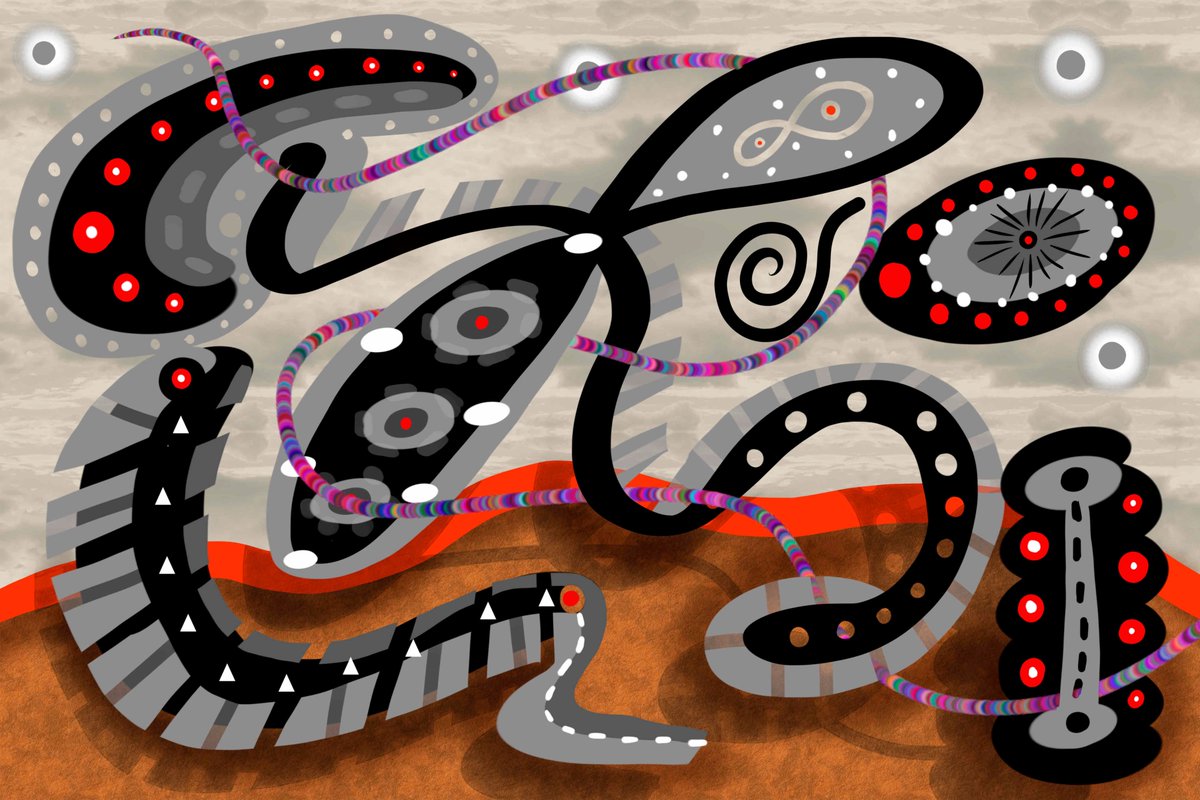 "Abstract 4" is a bold abstract piece with swirling black, gray, and white forms, red accents, and beaded lines. Its dynamic, dreamlike design evokes cosmic motion and invites interpretation.
