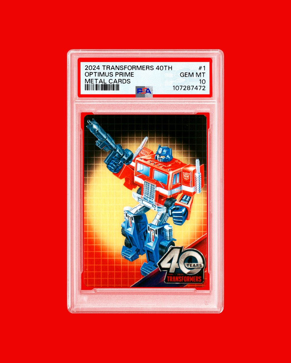 PSAcard's tweet photo. 𝙅𝙐𝙎𝙏 𝙂𝙍𝘼𝘿𝙀𝘿 🤖💎 

Transformers, roll out. 

Celebrating 40 years of the iconic franchise, the 2024 Dynamite Entertainment Metal Card #1 Optimus Prime is crafted from actual metal. This rare chase piece honors the Autobot leader, and is now Pop 1 in a PSA 10 grade. https://t.co/NRDGXeuhgZ