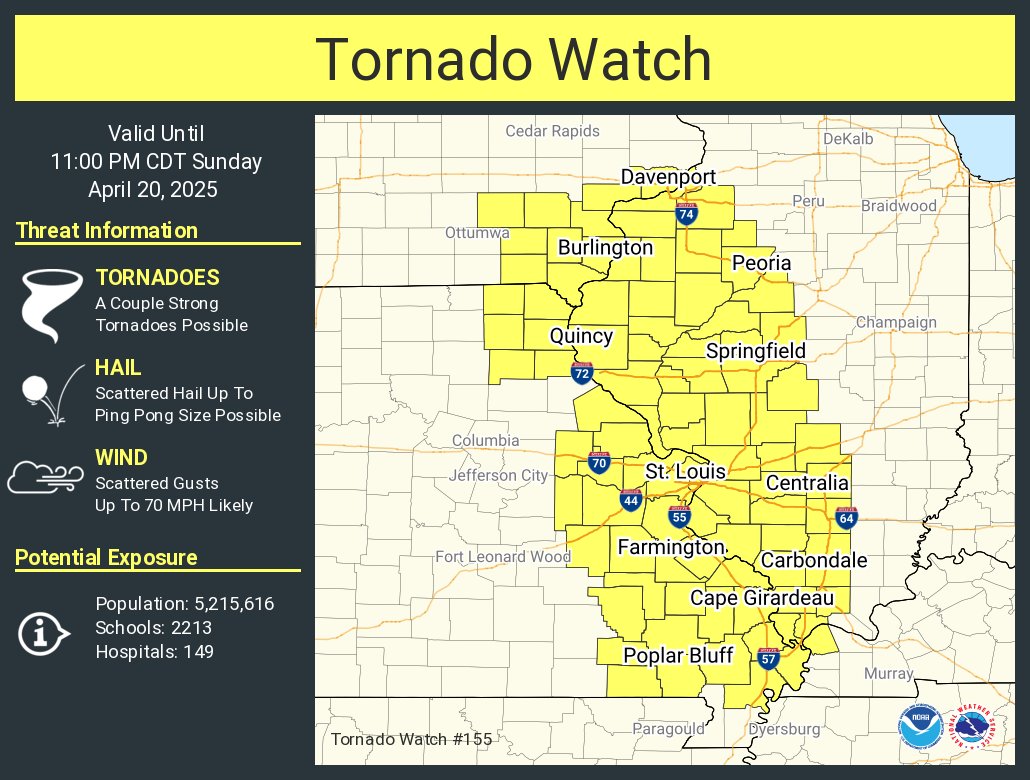 A tornado watch has been issued for parts of Illinois, Iowa, Kentucky and Missouri until 11 PM CDT