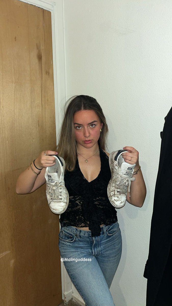 These shoes are filthy—just like you. Get down and clean them with that pathetic tongue of yours.