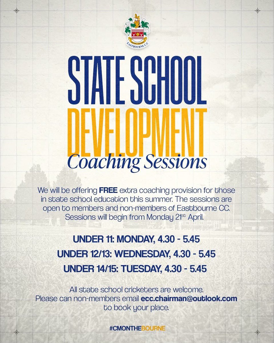 FREE COACHING we like the <a href="/ECB_cricket/">England and Wales Cricket Board</a> are committed to developing State School Cricketers. Members and Non-Members welcome. Non-Members please email ECC.chairman@outlook.com <a href="/SussexCricketFd/">Sussex Cricket Foundation</a> alongside our Forward Drive Programme and the Cricket District Premier League. #oneclub