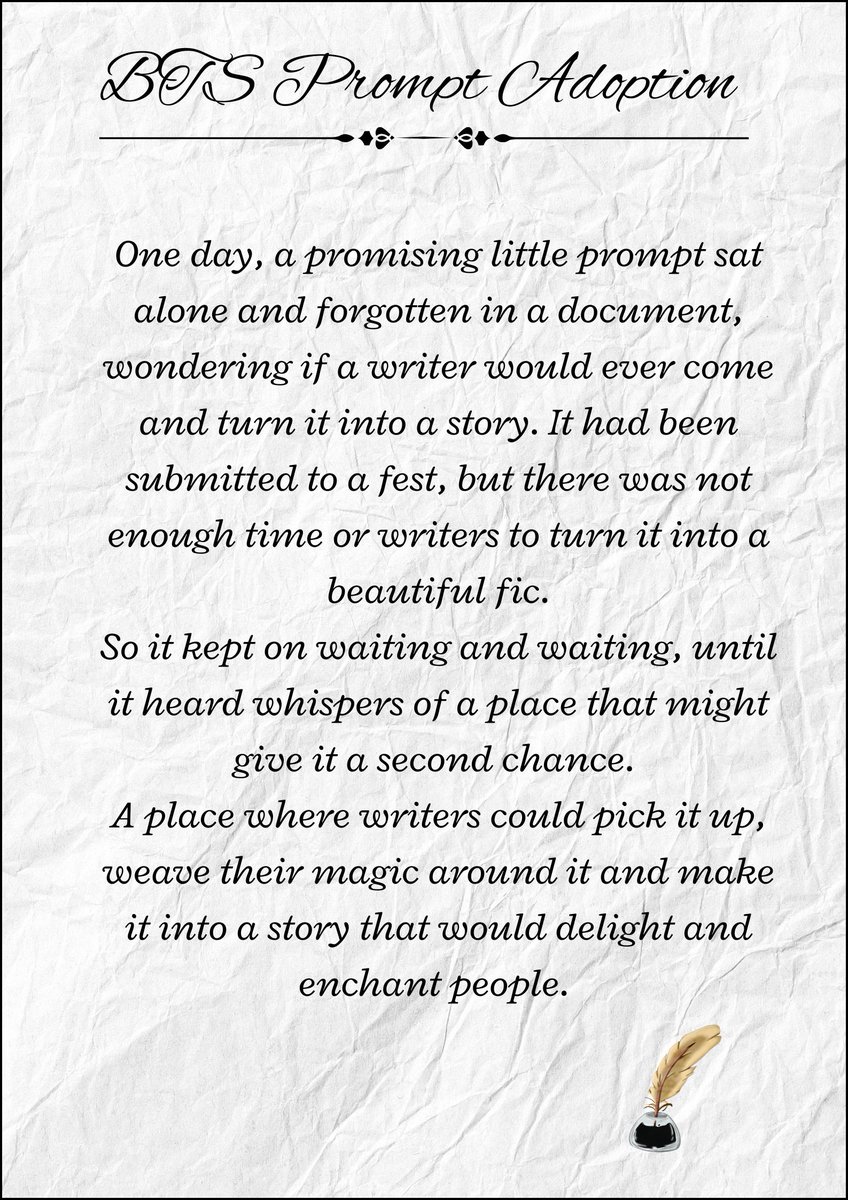 btspromptadopt's tweet image. Hi everyone, 
This account has been created as a home to all the prompts that never had a chance to be transformed into a story before.
We would love for you to share and spread the word, so that they can inspire ideas 💜