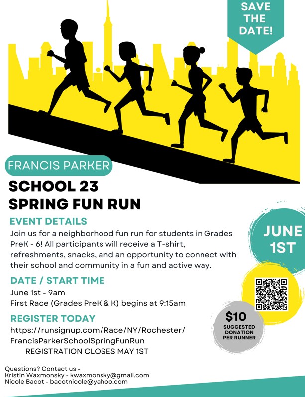 We are pleased to announce the first-ever Francis Parker PTA Fun Run Fundraiser on Sunday June 1st, 2025! Please consider signing up to volunteer for the event by clicking on the link below. We look forward to seeing you there!!
signupgenius.com/go/4090D4BA9AE…