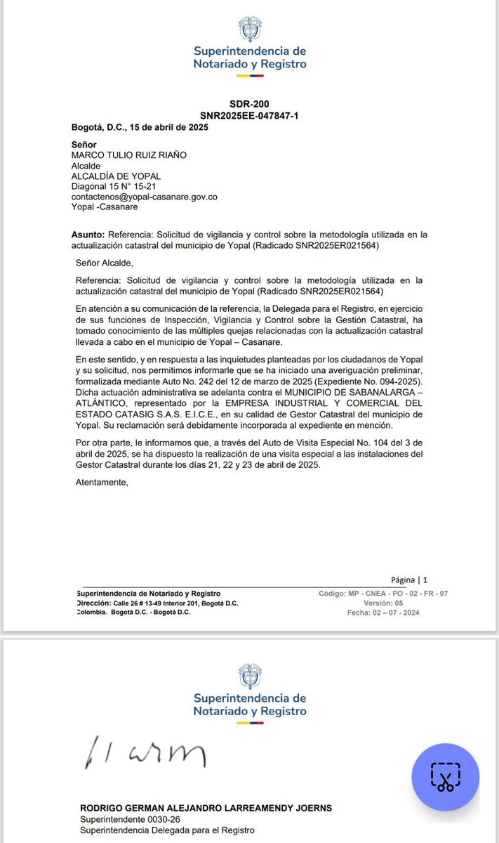 La Superintendencia de Notariado y Registro (SNR) llevará a cabo una visita de inspección a Catasig, actual Gestor Catastral de #Yopal.

Esta visita que se realizará los días 21, 22 y 23 de abril, tiene como finalidad revisar en detalle las actuaciones del Gestor Catastral.
