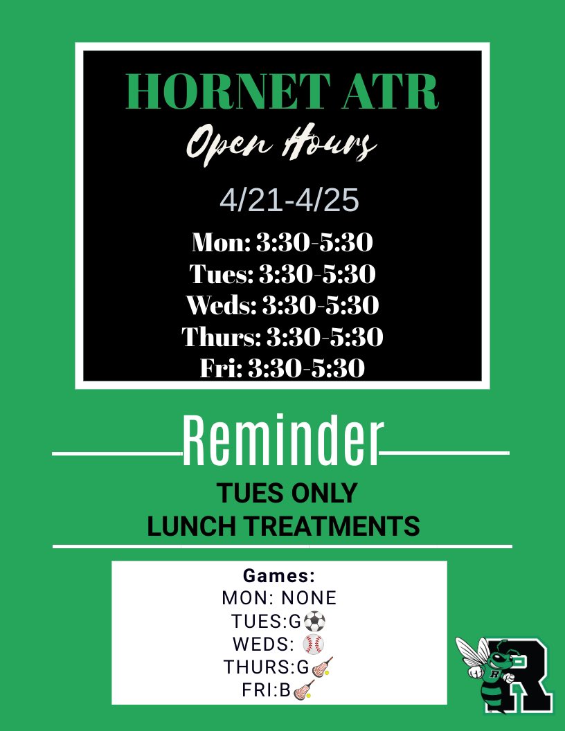 Roswell Sports Medicine (@roswellsportmed) on Twitter photo Playoff season is here!! Lunch treatments will be Tuesday only this week.
Come out and support <a href="/roswellsoccerg/">Roswell Girls Soccer</a> Tuesday and <a href="/BaseballRoswell/">RoswellBaseball</a> Wednesday both at home! <a href="/boys_soccer_RHS/">rhsboyssoccer</a> will be on the road Wednesday at River Ridge! Playoff season is here!! Lunch treatments will be Tuesday only this week.
Come out and support <a href="/roswellsoccerg/">Roswell Girls Soccer</a> Tuesday and <a href="/BaseballRoswell/">RoswellBaseball</a> Wednesday both at home! <a href="/boys_soccer_RHS/">rhsboyssoccer</a> will be on the road Wednesday at River Ridge!